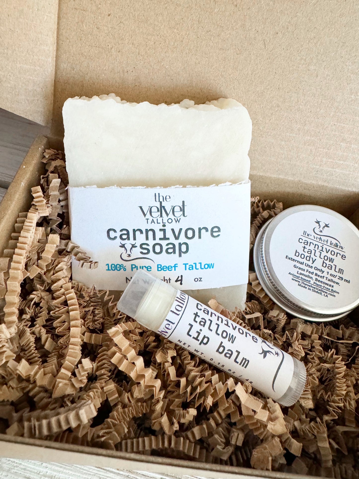 Carnivore Starter Kit for Skincare, Unscented Tallow Soap, 1 oz Tallow Body Balm & Tallow Lip Balm