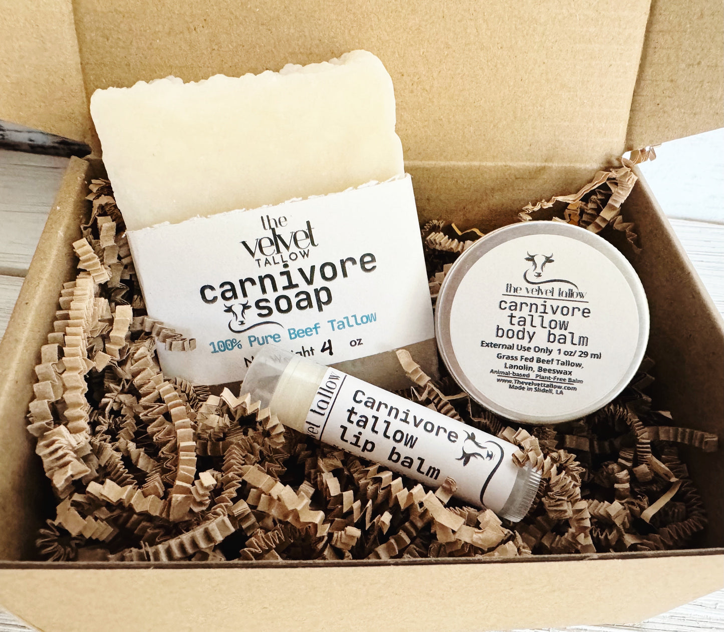 Carnivore Starter Kit for Skincare, Unscented Tallow Soap, 1 oz Tallow Body Balm & Tallow Lip Balm