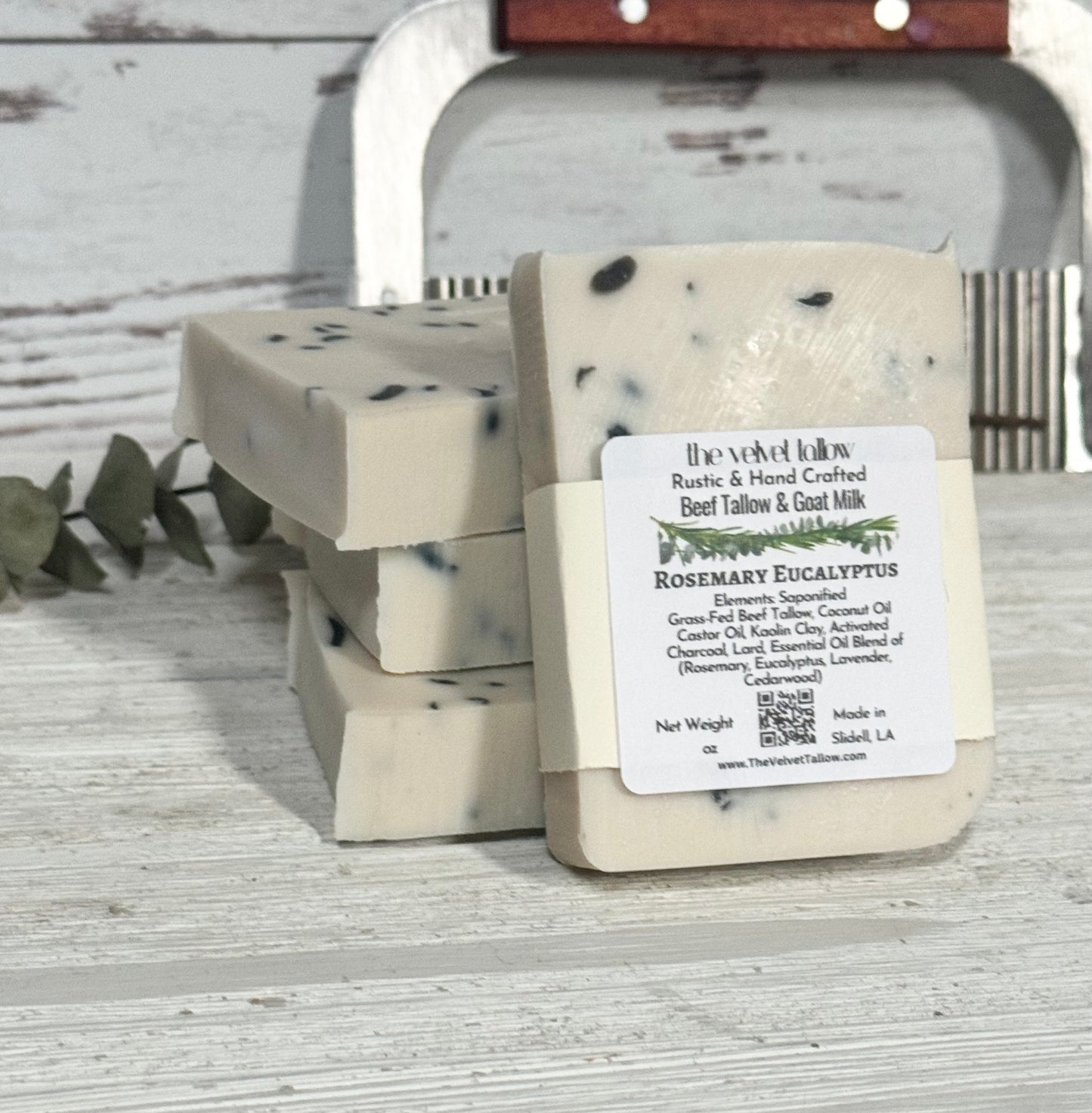 Rosemary Eucalyptus Grass Fed Tallow & Goat Milk Soap with Charcoal Tea Tree Confetti, Hand Crafted Bars Made with Our Tallow Blend, Zero Waste