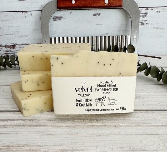 Tallow & Goat Milk Soap Bar with Lemongrass Essential Oil & Poppyseeds, Rich Lather, Natural Tallow Soap Bar