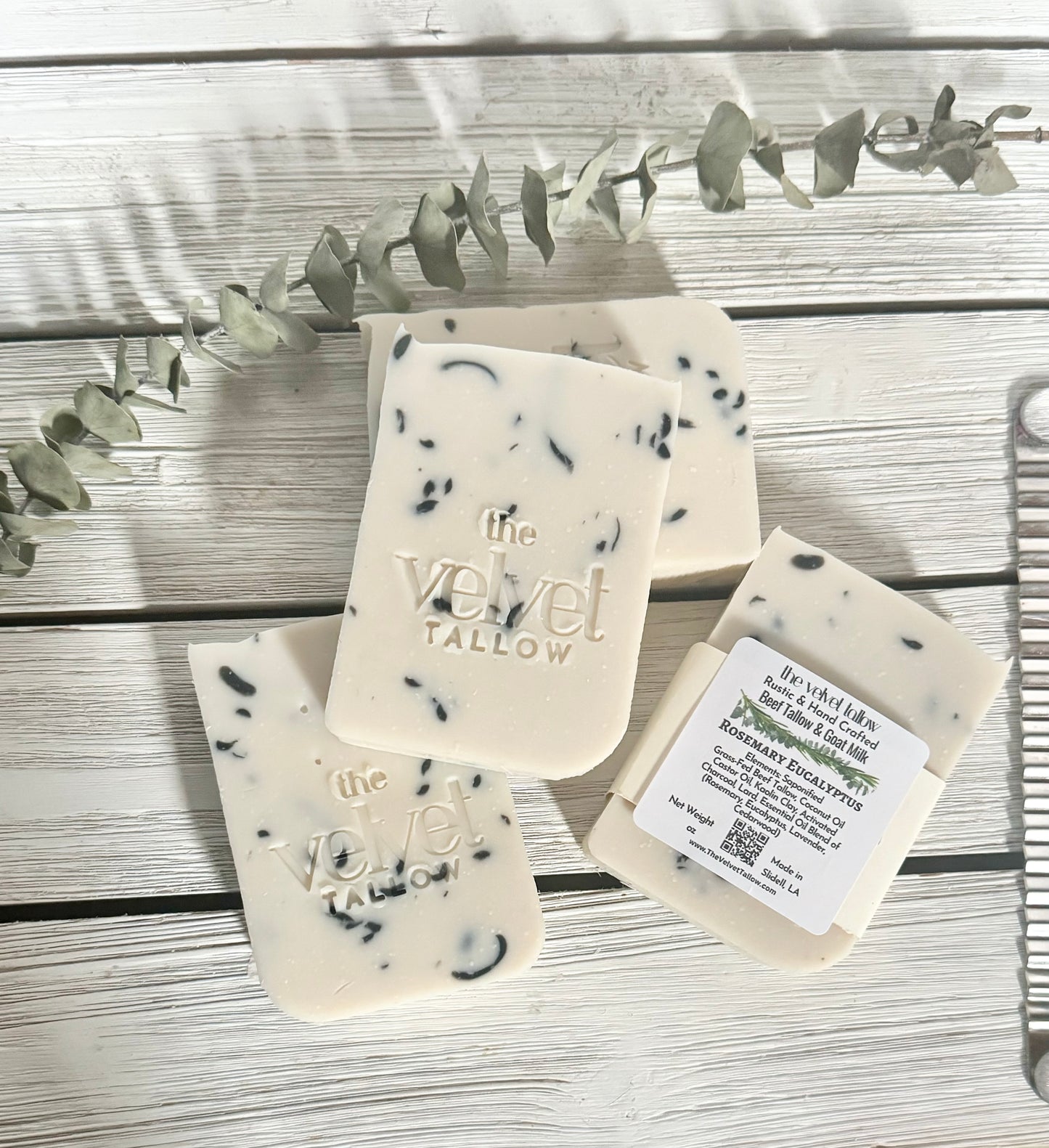 Rosemary Eucalyptus Grass Fed Tallow & Goat Milk Soap with Charcoal Tea Tree Confetti, Hand Crafted Bars Made with Our Tallow Blend, Zero Waste