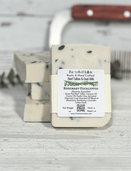 Rosemary Eucalyptus Grass Fed Tallow & Goat Milk Soap with Charcoal Tea Tree Confetti, Hand Crafted Bars Made with Our Tallow Blend, Zero Waste