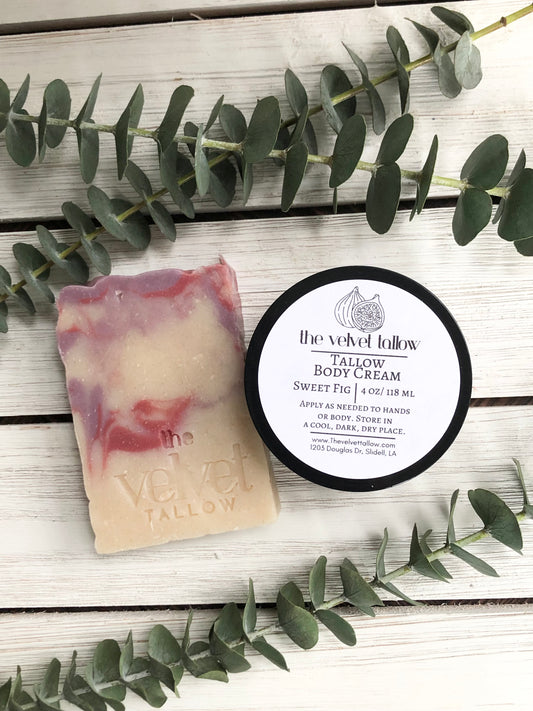 Tallow Body Cream & Goat Milk Soap Set, Sweet Fig Scented, 2oz or 4oz Body Cream, Tallow Soap Made with Grass Fed Beef Tallow