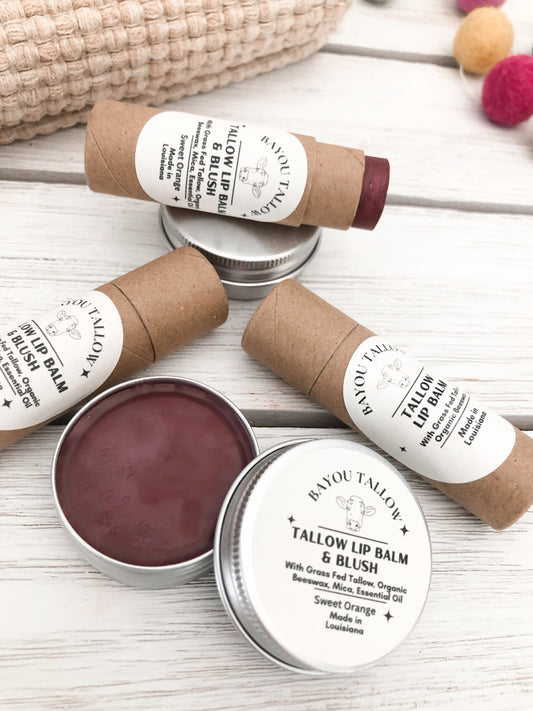 TALLOW Lip Balm & Blush, Tinted Lip Balm, Unscented-Peppermint-Sweet Orange,  Made from 100% Grass Fed Beef Tallow, Zero Waste